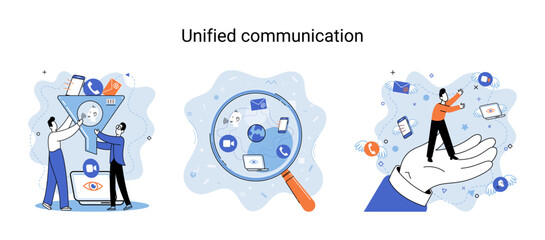 Unified communication metaphor. Social media creative idea. Online social network. Business interaction applications. Marketing time. Mobile computer gadgets for cooperations and information exchange
