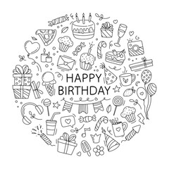 Happy birthday doodle set. Hand drawn vector illustration isolated on white background.