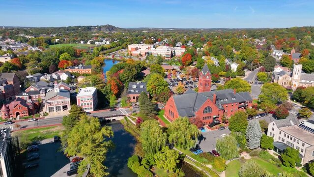 Winchester Center Historic District including Town Hall and High School in fall in town of Winchester, Massachusetts MA, USA.