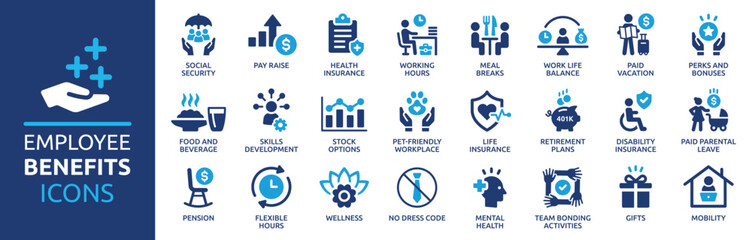 Employee benefits icon set. Containing social security, pay raise, health and life insurance, paid vacation, bonus and more icons. Solid icon collection. - obrazy, fototapety, plakaty