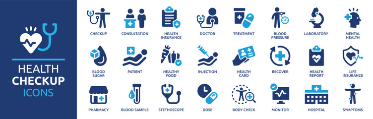 Health checkup icon set. Medical care service symbol collection. Vector illustration. - obrazy, fototapety, plakaty