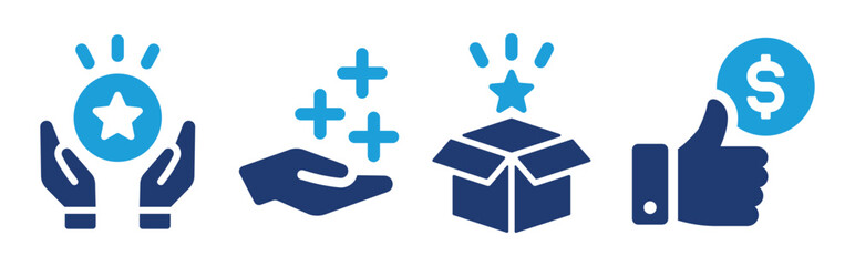 Benefit icon set. Revenue, surprise box, reward and special offer icons. Vector illustration.