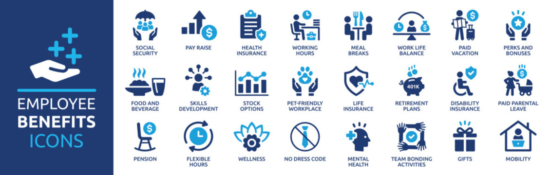Employee benefits icon set. Containing social security, pay raise, health and life insurance, paid vacation, bonus and more icons. Solid icon collection.
