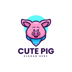 Vector Logo Illustration Cute Pig Mascot Cartoon Style.