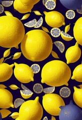 Seamless watercolor pattern with lemons and baroque ornament, blue Mediterranean pattern, yellow lemons with flowers. horizontal wallpapers