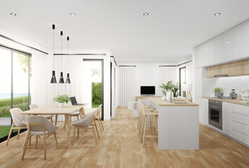 Table on parquet floor of bright dining room near living room and kitchen in modern beach house or luxury villa. White home interior 3d rendering with sea view.