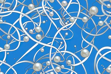 Elegant knot sign. Blue and beige pastel seamless pattern beautiful calligraphic flourish with diagonal lines of pearls. 2d illustrated illustration.