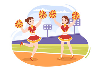 Cheerleader Girl with Pompoms of Dancing and Jumping to Support Team Sport During Competition on Flat Cartoon Hand Drawn Templates Illustration