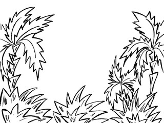 Black graphic image of a beach with palm trees on a white background