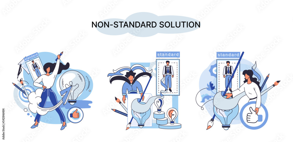 Poster non standart solution metaphor. creation of individual decision for integration of disparate product