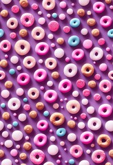 Cartoon donuts with pink glaze and colored sprinkles on white background. Seamless pattern. Texture for fabric, wrapping, wallpaper. Decorative print.
