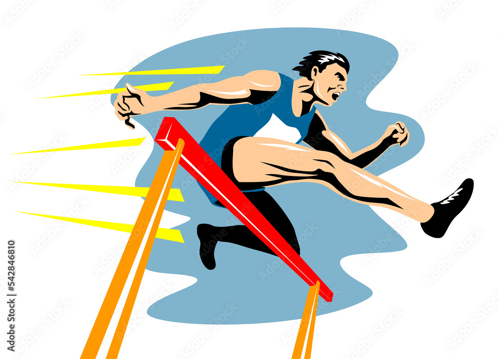 Poster illustration of a track and field athlete running jumping the hurdles done in retro style viewed fro