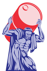 Illustration of Atlas man carrying barrel drum of oil done in retro style.