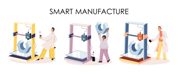 Manufacturing process industry. Scientist robot assembling products. Smart manufacture, automation development metaphor. Smart industry product design, automated production, robots and machinery 4.0