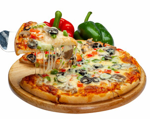 Vegetarian Pizza on wooden cutting board with bell peppers