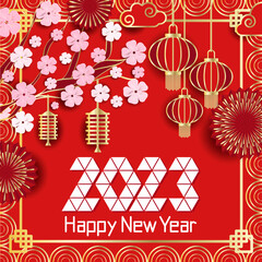 2023 Happy New Year! Festive luxury red gold background. New Year, Chinese New Year. Frame made of Chinese lanterns, fireworks, tree flower branches and space for your text