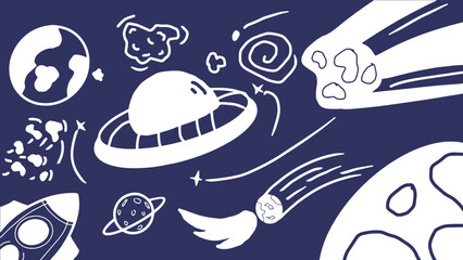 Hand drawn doodles cartoon set of space objects and symbols. Doodle objects. Vector illustration. 