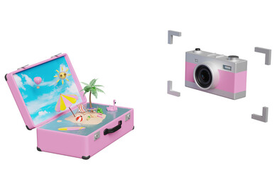 summer travel with pink silver camera, suitcase, beach chair, island, camera, umbrella, Inflatable flamingo, coconut tree isolated. concept 3d illustration or 3d render