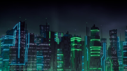 Futuristic Cityscape with Green and Blue Neon lights. Night scene with Visionary Architecture.