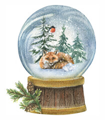 Watercolor New Year's illustration of a snow globe in which lies a red fox with a bullfinch and...