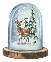 Watercolor New Year illustration of a snow globe in which there is a wild deer and Christmas trees...