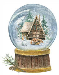 Watercolor New Year's illustration of a snow globe that has a wooden house, fir trees in the snow and a red fox