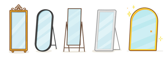 minimal luxury standing mirror kawaii doodle flat cartoon vector illustration - obrazy, fototapety, plakaty
