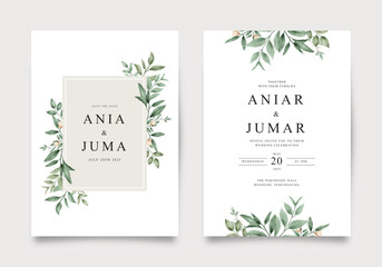 Wedding invitation template set with green leaves and yellow flowers decoration