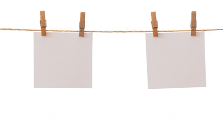 Two frames that hang on a rope with clothespins and isolated on white. Blank cards on rope mockup template