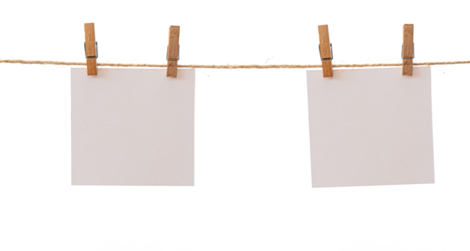 Two frames that hang on a rope with clothespins and isolated on white. Blank cards on rope mockup template