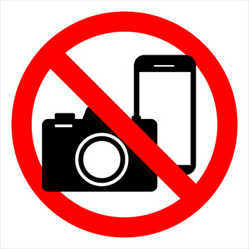 Phone forbidden sign. Photography prohibited. Photo ban icon with camera and mobile. Stop symbol of use cellphone, call smartphone, do video. Area of ​​warning about telephone off.