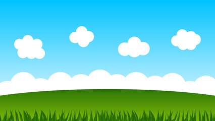 Obraz premium landscape cartoon scene with green hills and white cloud in summer blue sky background