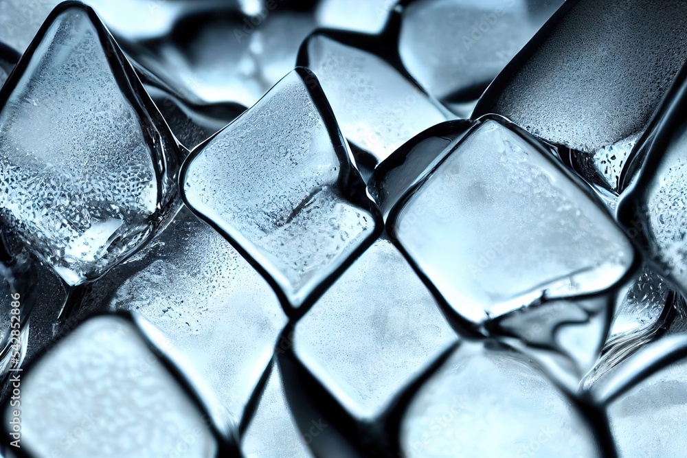 Poster a close up of ice cubes with water droplets on them and a black background with a white border. gene