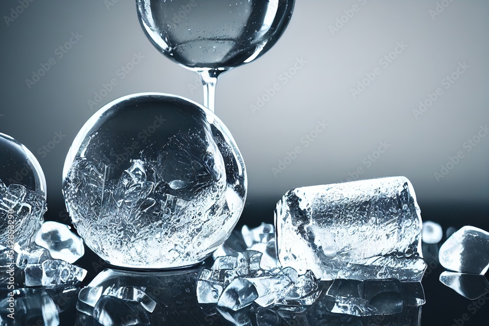 Poster a glass of wine and ice cubes on a table with a black background and a gray background with a white 