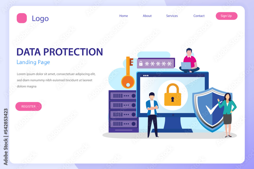 Poster data security concept, people work on screen protecting data and files. flat vector template