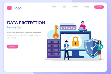 Data Security concept, People work on screen protecting data and files. Flat vector template