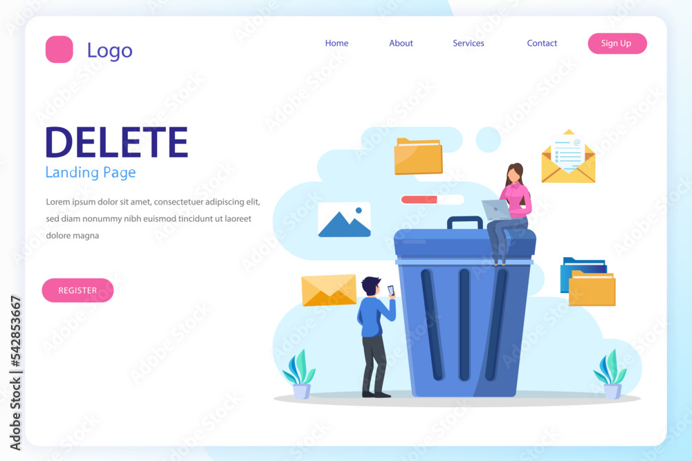 Poster delete concept. deleting data and move unnecessary files to the trash bin. illustration vector