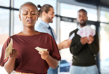 Black woman, unequal pay and confused by wages, paycheck and quote in office, frustrated and annoyed. Angry, woman and reading salary slip with happy colleagues in background, unfair and compensation - obrazy, fototapety, plakaty