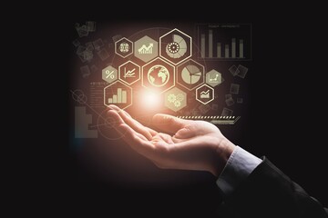Businessman holding digital infographics illustrations