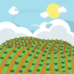 Cute agriculture field in a blue-sky day. Editable vector cartoon style