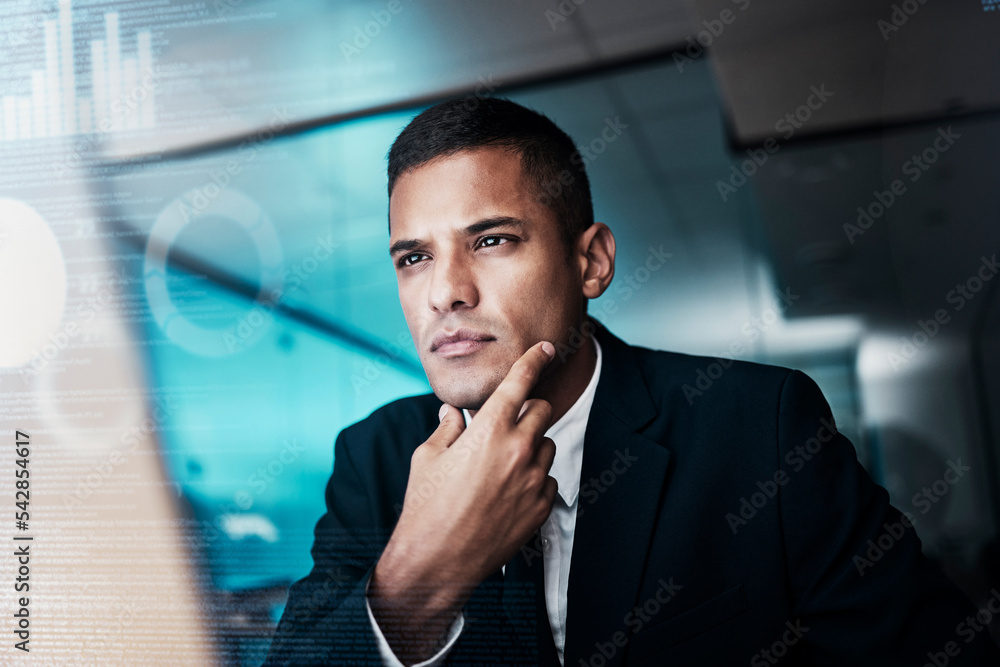 Fototapete Cyber security man, digital transformation or computer coding for thinking web design engineer working on seo software or database. Infographic abstract, data analysis or futuristic 3D on technology
