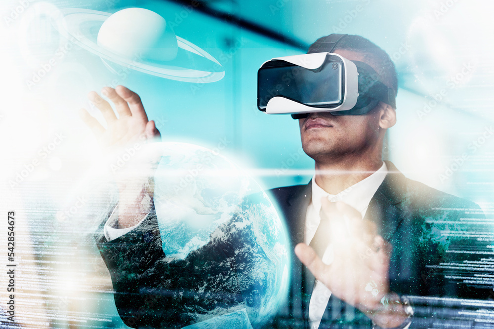 Leinwandbilder vr, businessman and global media, metaverse or networking data, digital transformation or futuristic