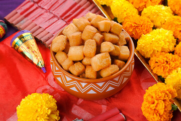 Shakkar pare / Shakkarpare / shankar pale is a sweet tea time snack food from India, Traditional homemade indian maharashtrian Diwali Festival sweet snack food.