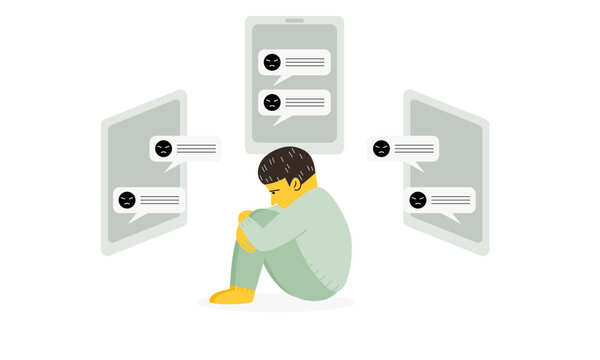 Stress kid with cyber bullying message on mobile screen, cyber bullying concept. Flat vector illustration.