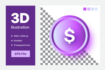 Dollar coins. 3d vector icon. Cartoon minimal style.