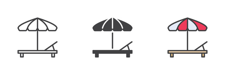 Beach umbrella and Sun lounger different style icon set