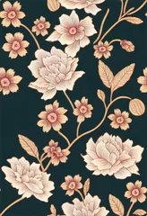Gordijnen Fantasy flowers in retro, vintage, jacobean embroidery style. Seamless pattern, background. 2d illustrated illustration. On army green background. © AkuAku