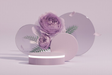 3D podium display, pastel purple background with rose flowers. Circle frame and palm leaf shadow. Minimal pedestal for beauty, cosmetic product. Valentine, feminine copy space template 3d render
