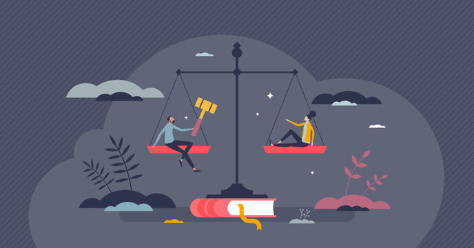 Balance of the law and freedom for ethical legal system tiny person concept. Court scale as dignity, liberty, equality and inalienable rights symbol vector illustration. Honesty judgment or protection