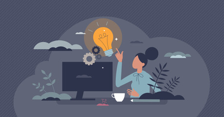 Starting business and new creative idea startup plan tiny person concept. Beginning of company with great vision for new cooperative challenge vector illustration. Woman entrepreneur with work project